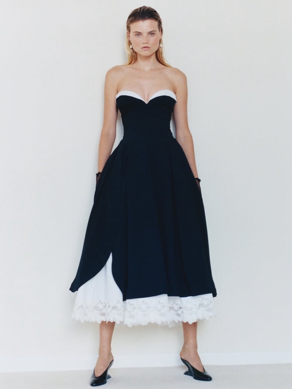 NWT Helsa The Finale Midi Dress with Lace & Poplin - Black/ White Small - Picture 3 of 15